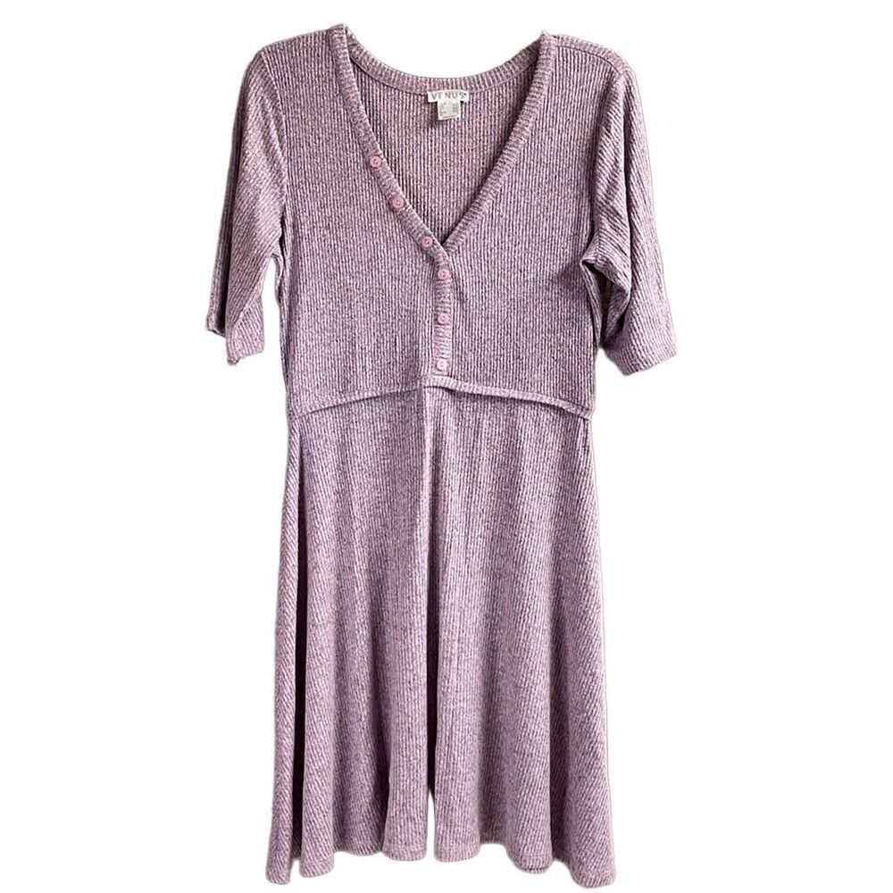 VENUS Sweater Dress Womens Purple Black Large Ribbed Knit V Neck 3/4 Sleeve